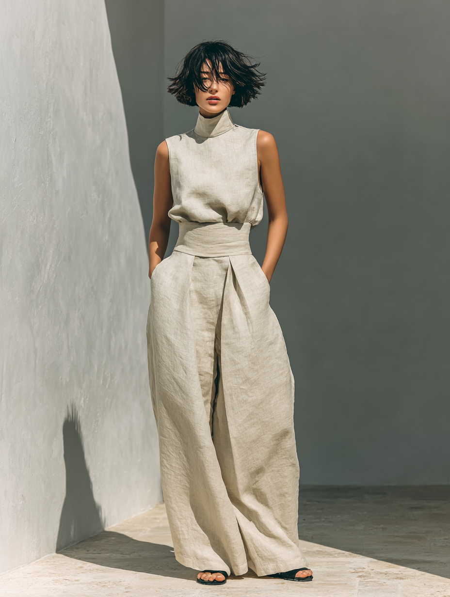 Maria - Set with a Top and Wide Pants Made of Cotton and Linen in a Minimalist Style for Women