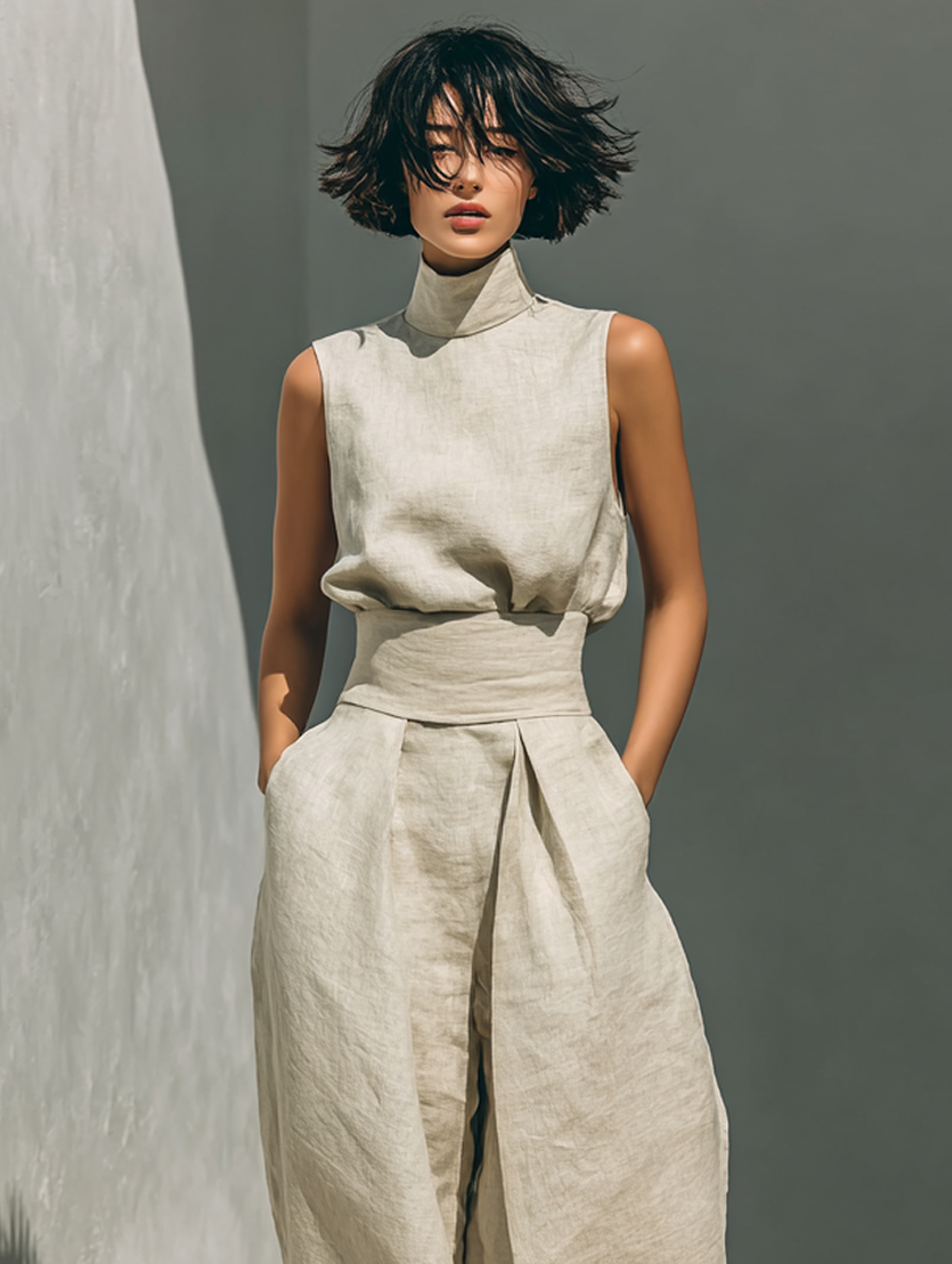 Maria - Set with a Top and Wide Pants Made of Cotton and Linen in a Minimalist Style for Women