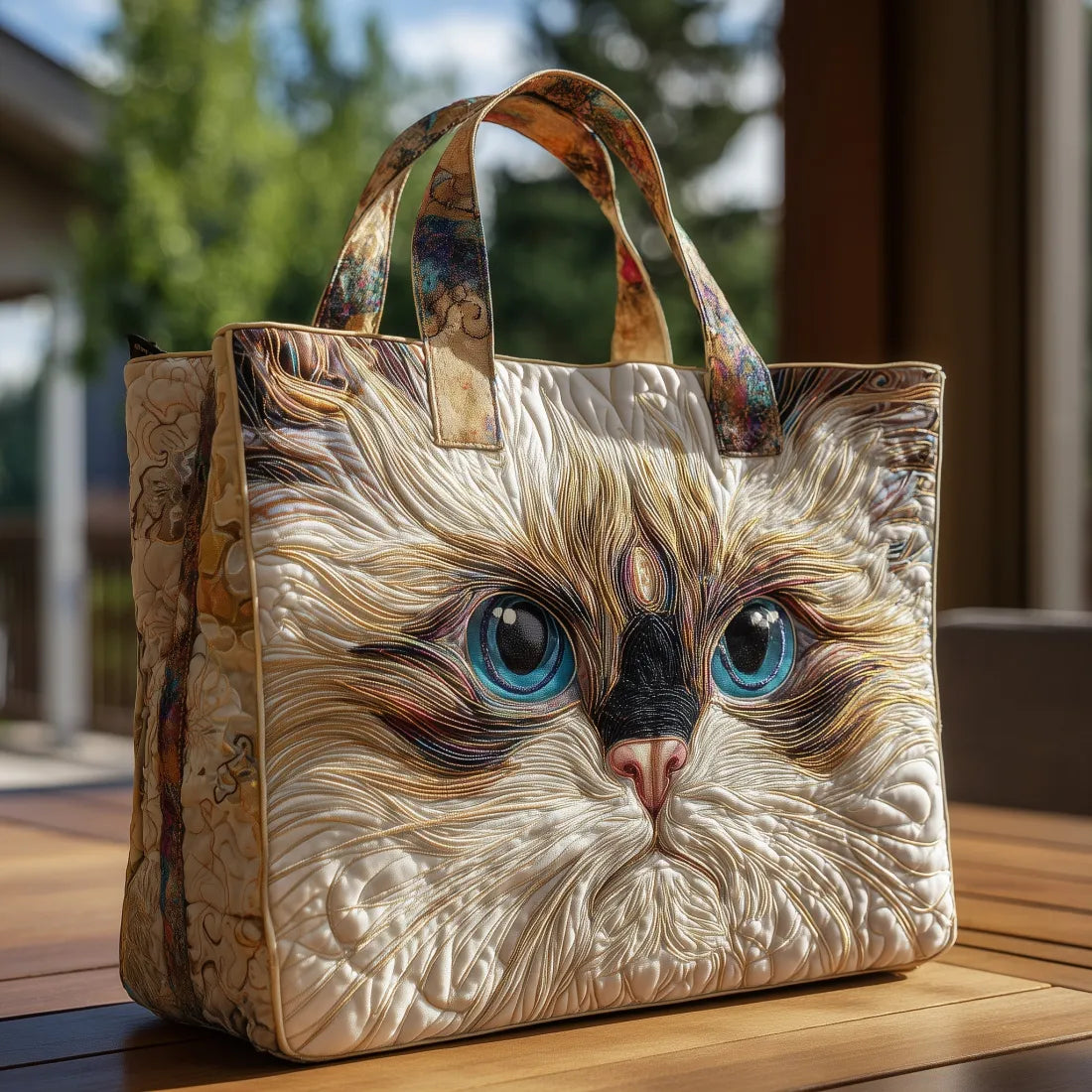 Artisanal White Cat Tote Bag with Blue Eyes