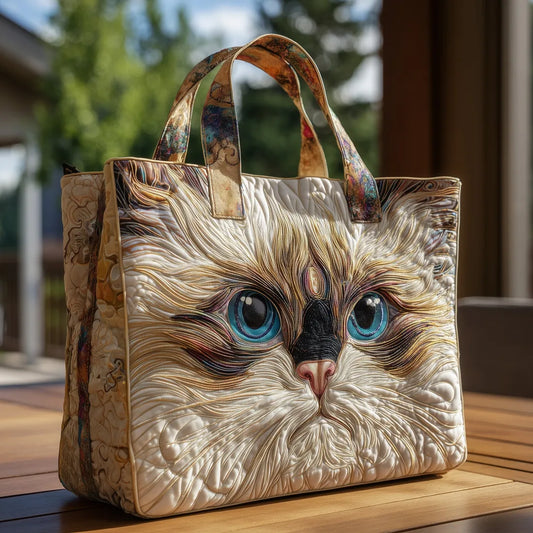 Artisanal White Cat Tote Bag with Blue Eyes