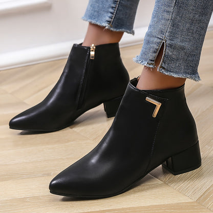 Women's Black Ankle Boots - Chunky Heel and Pointed Toe