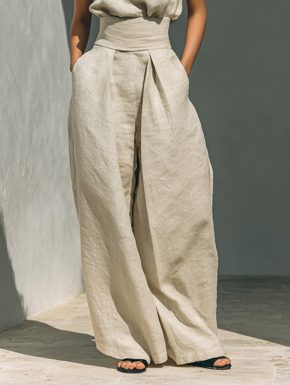 Maria - Set with a Top and Wide Pants Made of Cotton and Linen in a Minimalist Style for Women