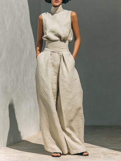Maria - Set with a Top and Wide Pants Made of Cotton and Linen in a Minimalist Style for Women