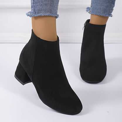 Women's Ankle Boots - Side Zipper and Block Heel