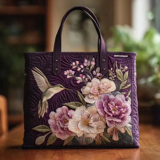 Artisanal Quilted Bag Purple with Hummingbirds and Orchids