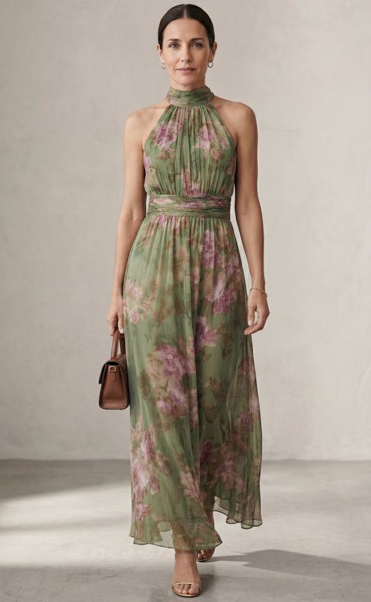 Livia™| Elegant floral halter maxi dress