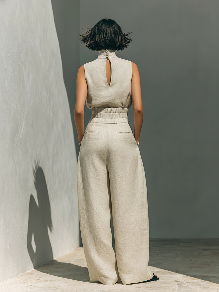 Maria - Set with a Top and Wide Pants Made of Cotton and Linen in a Minimalist Style for Women