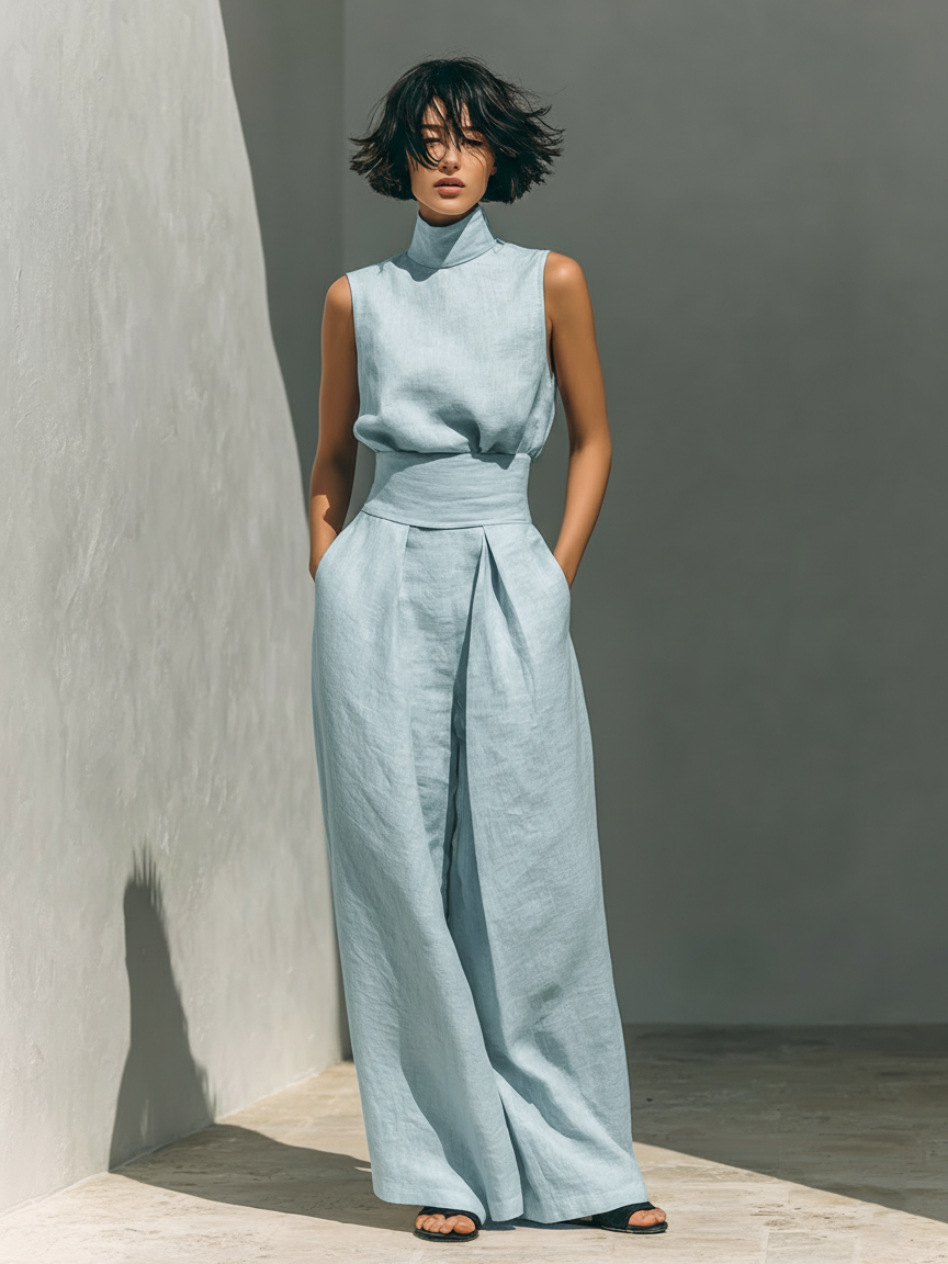 Maria - Set with a Top and Wide Pants Made of Cotton and Linen in a Minimalist Style for Women