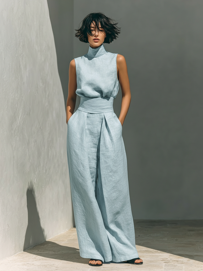 Maria - Set with a Top and Wide Pants Made of Cotton and Linen in a Minimalist Style for Women