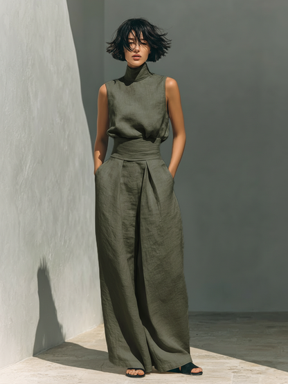 Maria - Set with a Top and Wide Pants Made of Cotton and Linen in a Minimalist Style for Women