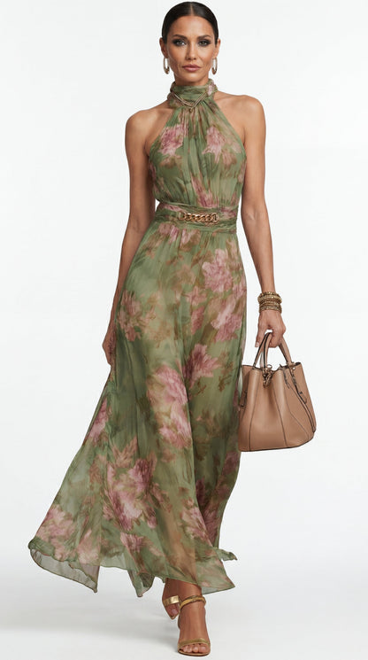 Livia™| Elegant floral halter maxi dress