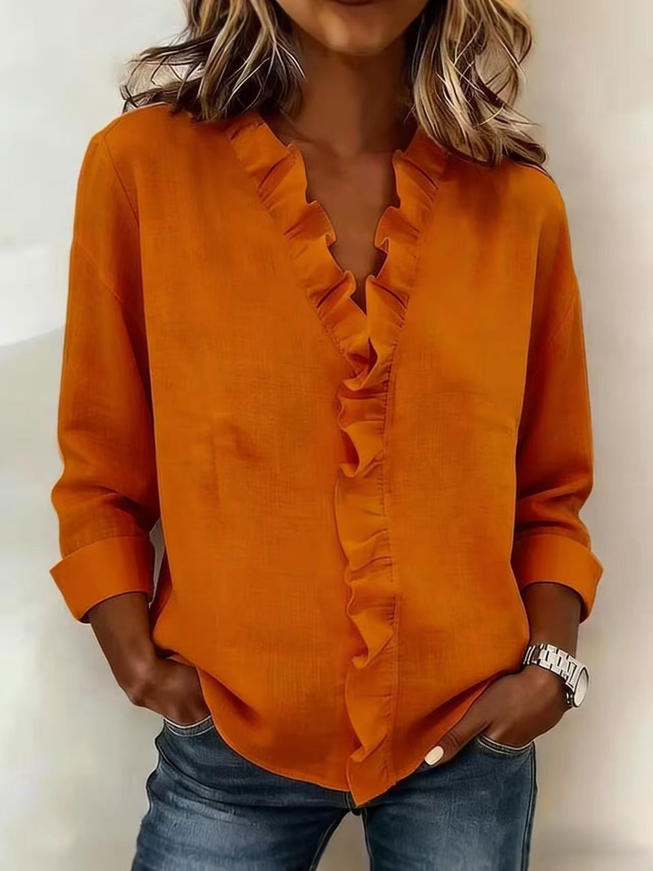 Chiara™ | Blouse with V-neck and delicate ruffles