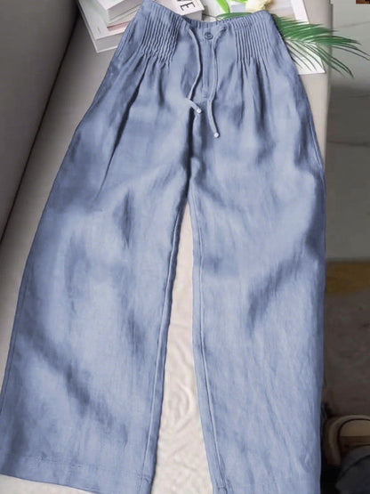 Lina™ | Women's Solid Pleated Drawstring Cotton-Linen Wide-Leg Pants