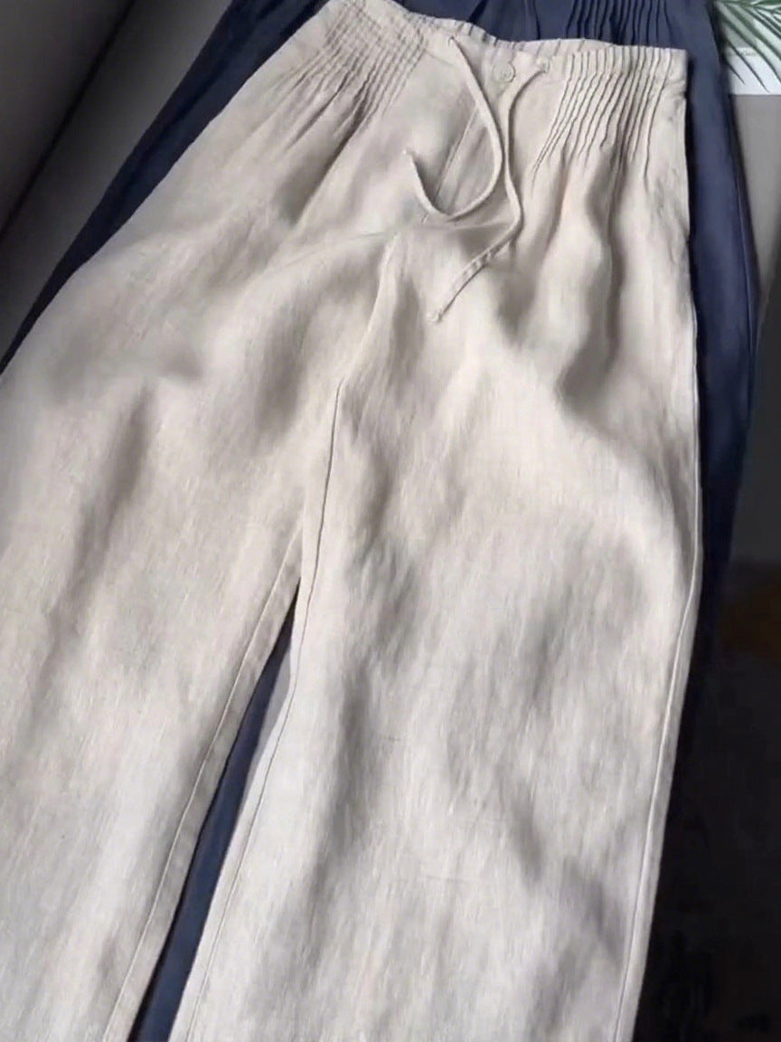 Lina™ | Women's Solid Pleated Drawstring Cotton-Linen Wide-Leg Pants