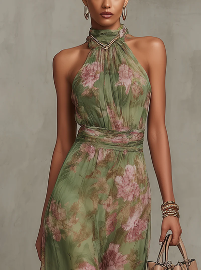 Livia™| Elegant floral halter maxi dress