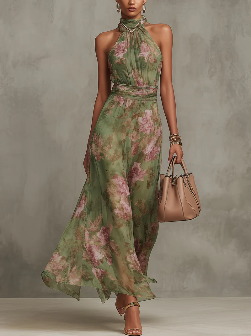 Livia™| Elegant floral halter maxi dress