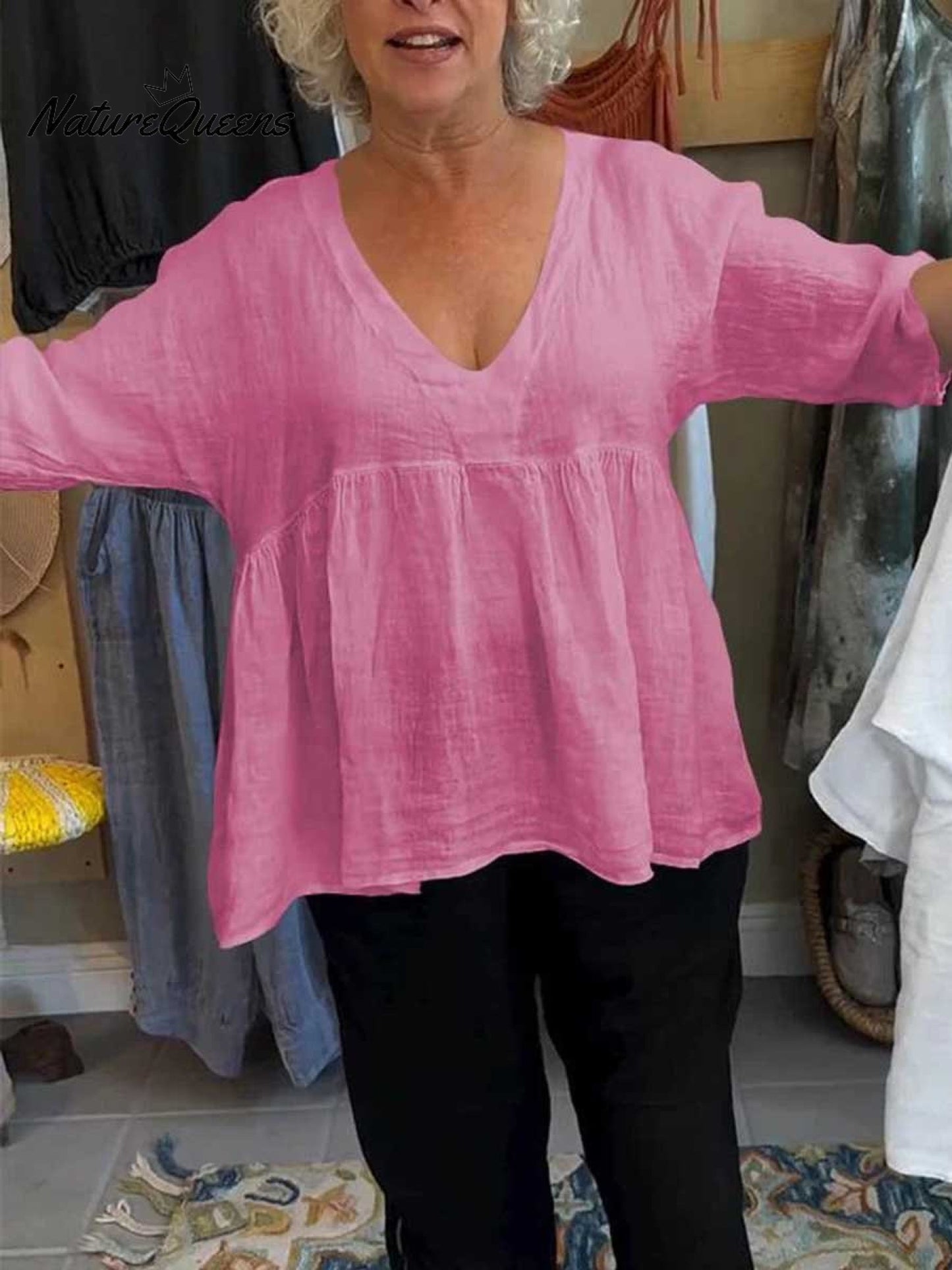 Nadia™ | V-Neck Cotton and Linen Shirt