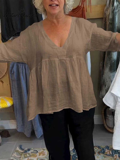 Nadia™ | V-Neck Cotton and Linen Shirt