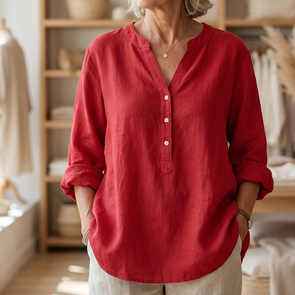 Veronique™ Elegant Cotton-Linen V-Neck Blouse